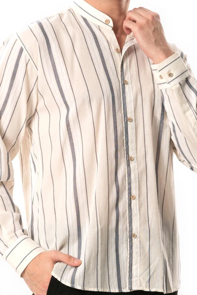 Uzun Kol Şile Bezi Hakim Yaka Tek Cepli Erkek Yazlık Gömlek Ekru Gri Çizgili 3028 M Ekru Gri Çizgili - Resim 3