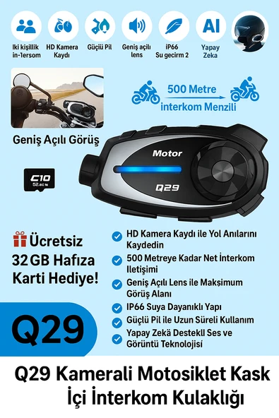 Q29 Kameralı Motosiklet İnterkom Kulaklığı Geniş Açılı Görüş HD Kayıt ve 32GB Hediye Kart