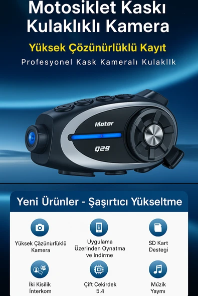 Q29 Kameralı Motosiklet İnterkom Kulaklığı Geniş Açılı Görüş HD Kayıt ve 32GB Hediye Kart - 5