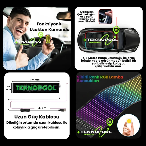 Pixel Led Panel Kişiselleştirilebilir Telefon Kontrollü Yapışkan, Esnek Araç LED'i 9X37 CM - 2