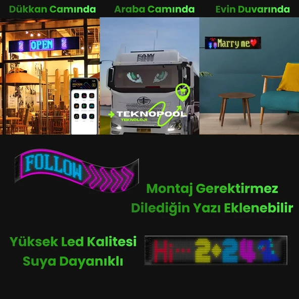Pixel Led Panel Kişiselleştirilebilir Telefon Kontrollü Yapışkan, Esnek Araç LED'i 14X90 CM - 3