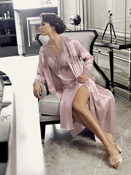 8060 Kadın Büyük Beden Uzun Saten Gecelik Sabahlık 6'lı Takım - 8