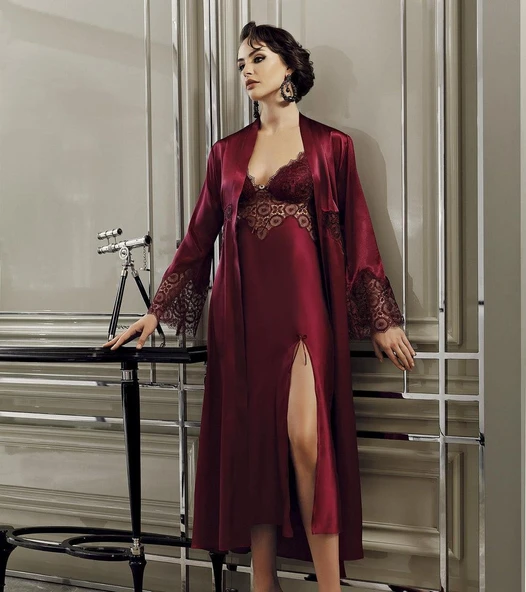 9200 Kadın Uzun Saten Gecelik Sabahlık 6'lı Takım - 5