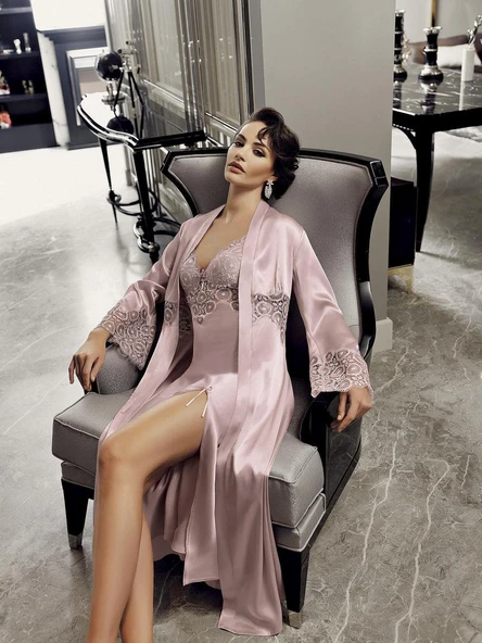 9200 Kadın Uzun Saten Gecelik Sabahlık 6'lı Takım - 9