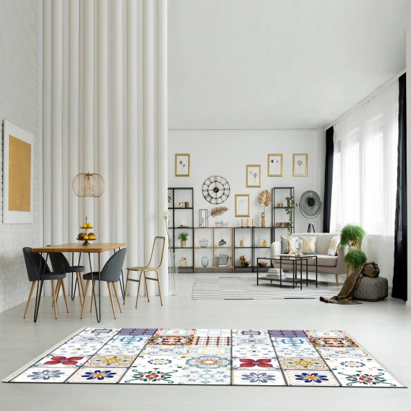 Baskılı Halı Bej Patchwork Motif Desenli Kaymaz Taban Saçaklı Modern Dekoratif Makinada Yıkanabilir