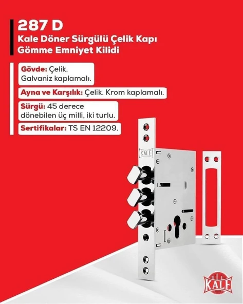 Kale 287D döner sürgülü plus çelik kapı emniyet kilidi mandallı german barelli - 3