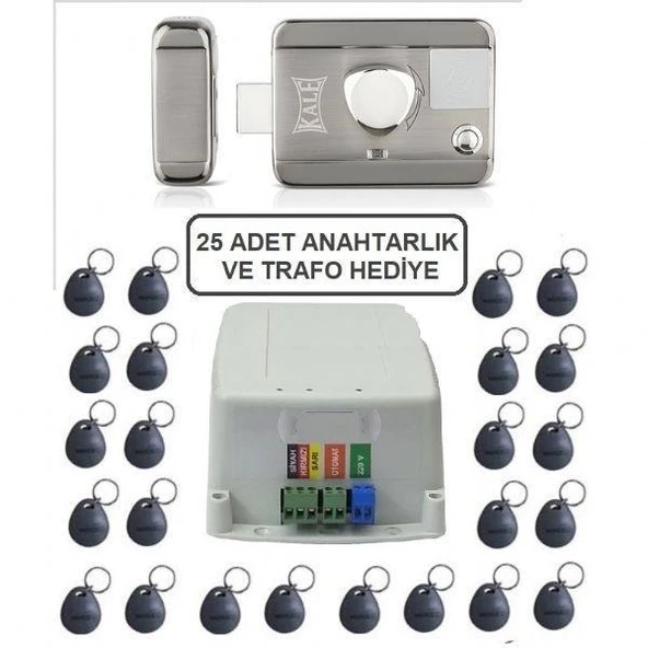 Kale SESSİZ + GÜVENLİ manyetik elektrikli trajlı apartman kapı kilidi motorlu otomat + kartlı sistemi + trafosu + 25 çip