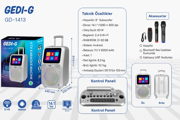 Ekranlı Taşınabilir Mikrofonlu Bluetooth Hoparlör YouTube Destekli, Işıklı, Tekerlekli Müzik Kutusu - 2