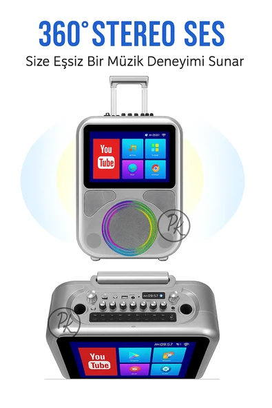 Ekranlı Taşınabilir Mikrofonlu Bluetooth Hoparlör YouTube Destekli, Işıklı, Tekerlekli Müzik Kutusu - 3