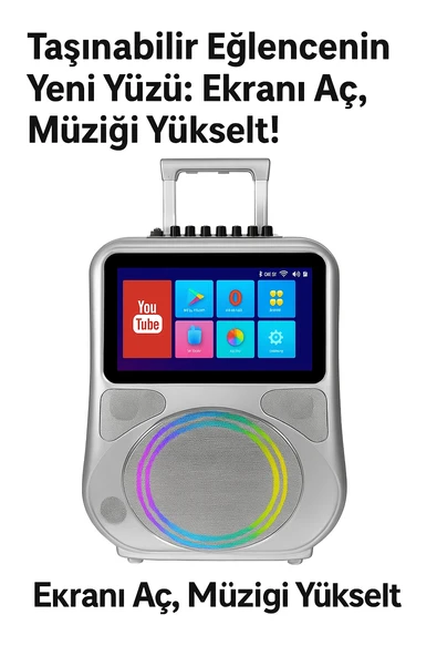 Ekranlı Taşınabilir Mikrofonlu Bluetooth Hoparlör YouTube Destekli, Işıklı, Tekerlekli Müzik Kutusu - 4