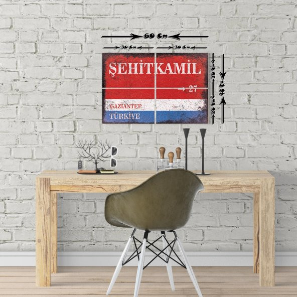 Gaziantep Şehitkamil Sokak Tabelası Vintage Tablo 4 Parça 20x30cm (40x60cm)