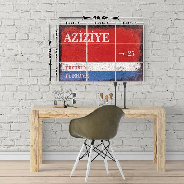 Erzurum Aziziye Sokak Tabelası Vintage Tablo 9 Parça 20x30cm (60x90cm)