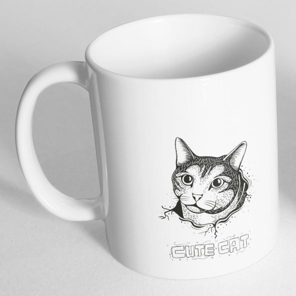 Cute Cat Kedi Kara Kalem Çizim Baskılı Kupa Bardak