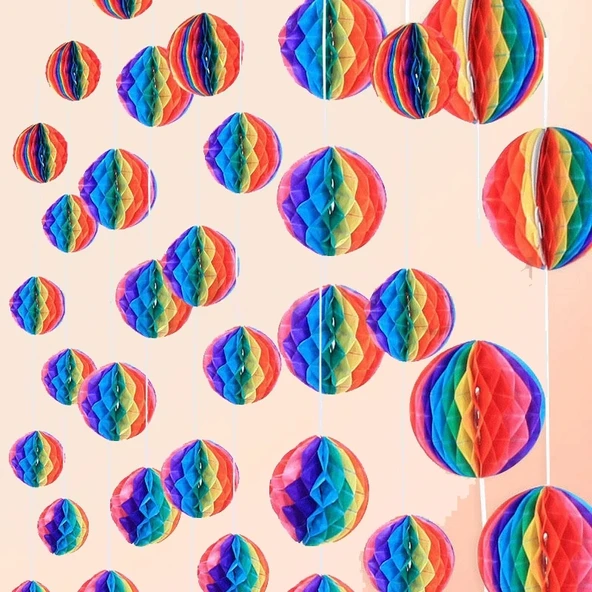 Gökkuşağı Renkli 30 Cm Rengarenk Kağıt Süs Fener 1 Adet - 2