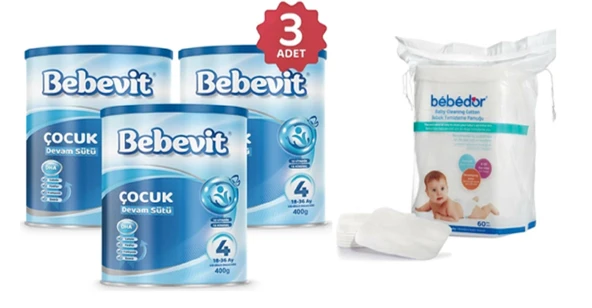 Bebevit 4 Bebek Devam Sütü 400 gr 3 ADET + Bebedor Bebek Temizleme Pamuğu 60'lı