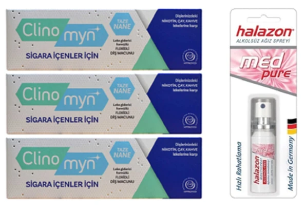Clinomyn Diş Macun 75Ml Smokers X 3 ADET + Halazon Ağız Spreyi Alkolsüz (Med Pure) 15Ml