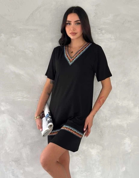 Kadın Kısa Kollu V Yakalı Etnik Desen şerit Detaylı Viskon Elbise - Resim 10