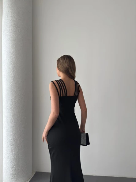 Kadın Omuz çoklu Askılı önü Taş Işlemeli Balık Kesim Janjan Krep Maxi Boy Elbise - Resim 3