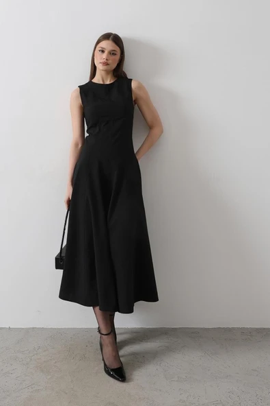 Kolsuz Uzun Elbise - Siyah - 3