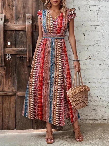 Kadın Kısa Kollu V Yakalı Desenli Yandan Yırtmaçlı Süprem Elbise - Resim 3