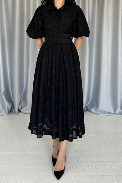 Siyah Kemerli Balon Kollu Elbise - Resim 3