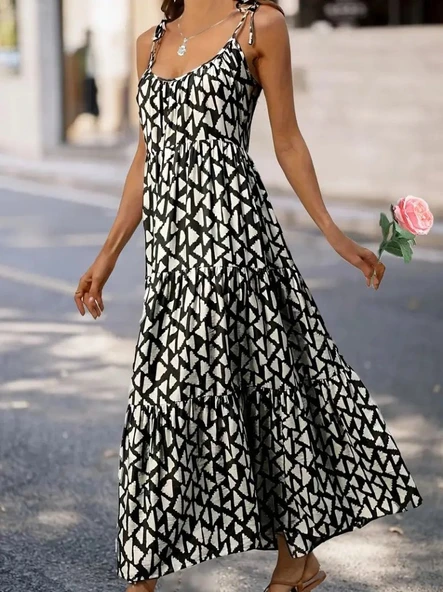 Kadın Askılı Yuvarlak Yaka Fırfırlı Desenli Uzun Bürümcük Elbise - Resim 4