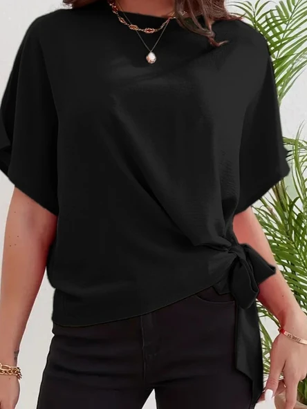 Kadın Kısa Kollu Bisiklet Yaka Yandan Bağlamalı Aerobin Bluz ürün görseli 1