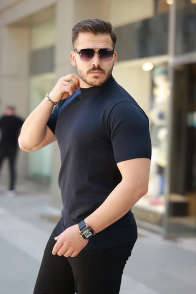 Erkek Yarım Balıkçı Yaka Kısa Kollu Tişört - Resim 2