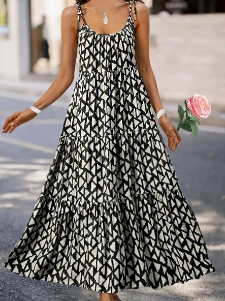 Kadın Askılı Yuvarlak Yaka Fırfırlı Desenli Uzun Bürümcük Elbise - Resim 3