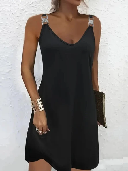 Kadın Askılı V Yakalı Toka Detaylı Janjan Krep Elbise - Resim 3