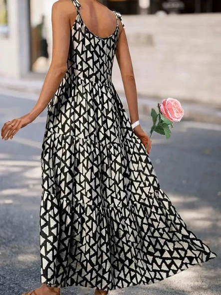 Kadın Askılı Yuvarlak Yaka Fırfırlı Desenli Uzun Bürümcük Elbise - Resim 5