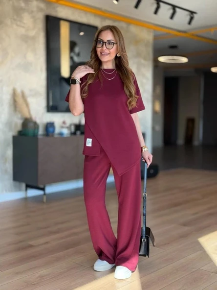 Kadın Kısa Kollu Bisiklet Yaka Asimetrik Viskon Iki Iplik Bluz Ve Pantolon Ikili Takım - Resim 2