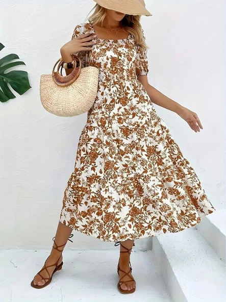 Kadın Kısa Kollu Kare Yakalı Lastikli Desenli Süprem Elbise ürün görseli 1