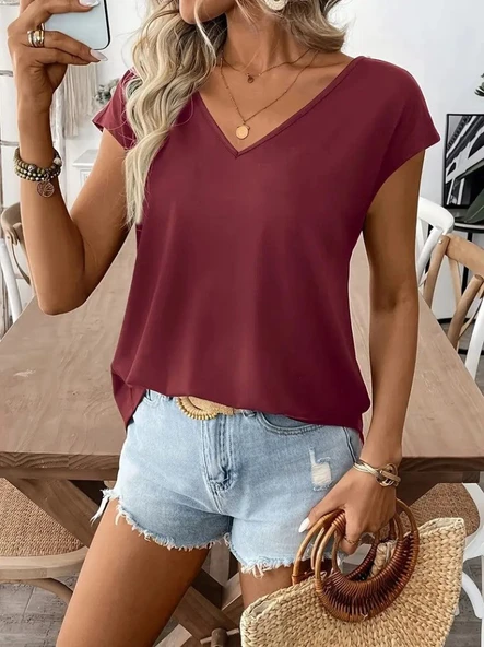 Kadın Kısa Kollu V Yakalı Arkadan Kurdele Detaylı Viskon Bluz - Resim 2