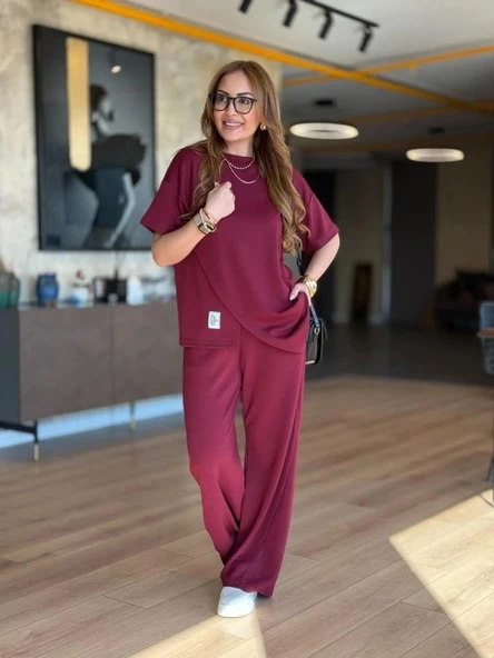 Kadın Kısa Kollu Bisiklet Yaka Asimetrik Viskon Iki Iplik Bluz Ve Pantolon Ikili Takım - Resim 4