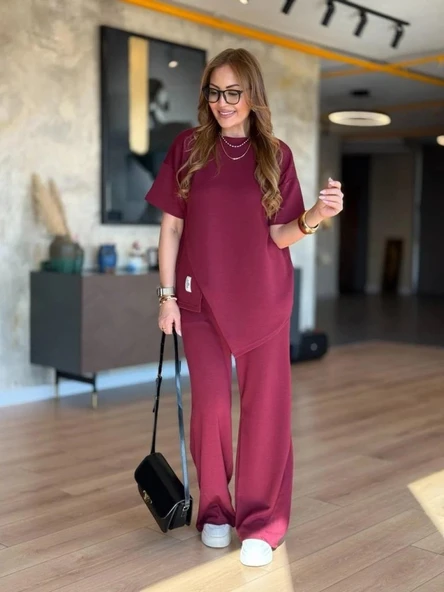 Kadın Kısa Kollu Bisiklet Yaka Asimetrik Viskon Iki Iplik Bluz Ve Pantolon Ikili Takım - Resim 3