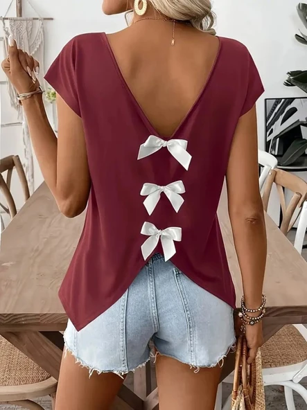 Kadın Kısa Kollu V Yakalı Arkadan Kurdele Detaylı Viskon Bluz - Resim 3