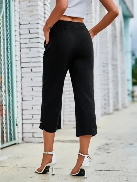 Kadın Beli Lastikli Düğme Ve Cep Detaylı Kapri Ithal Keten Pantolon - Resim 5