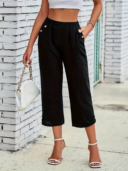 Kadın Beli Lastikli Düğme Ve Cep Detaylı Kapri Ithal Keten Pantolon - Resim 4