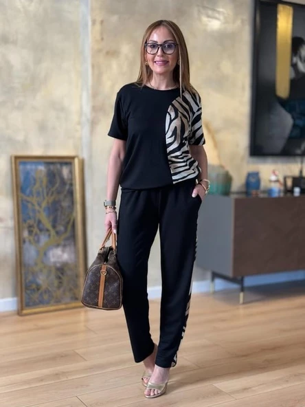 Kadın Bisiklet Yaka Kısa Kol Leopar Desen Bluz Ve Pantolon Ikili Takım - Resim 8