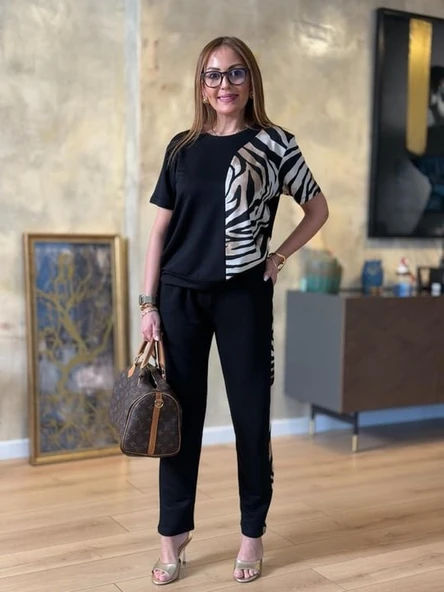 Kadın Bisiklet Yaka Kısa Kol Leopar Desen Bluz Ve Pantolon Ikili Takım - Resim 4