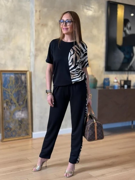 Kadın Bisiklet Yaka Kısa Kol Leopar Desen Bluz Ve Pantolon Ikili Takım - Resim 7