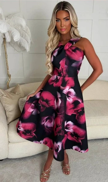 Kadın Halter Yaka Detay Ciçek Baskılı Midi Boy Elbise ürün görseli 1