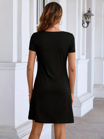 Kadın Kısa Kollu Yaka Detay Viskon Elbise - Resim 3