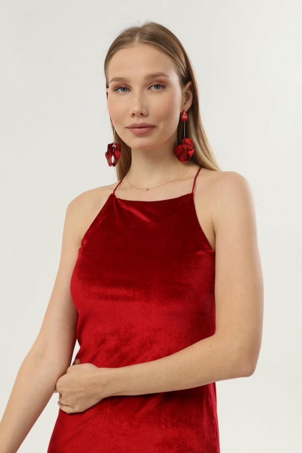 DRR Moda Boyundan Askılı Sırt Dekolteli Kadife Elbise - 2