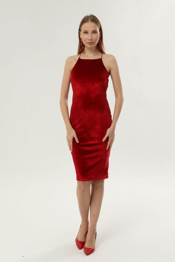 DRR Moda Boyundan Askılı Sırt Dekolteli Kadife Elbise - 3