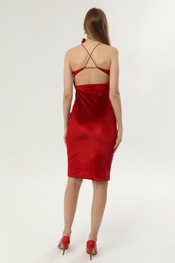 DRR Moda Boyundan Askılı Sırt Dekolteli Kadife Elbise - 6