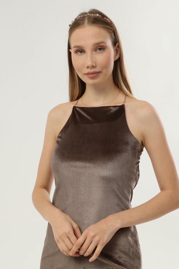 DRR Moda Boyundan Askılı Sırt Dekolteli Kadife Elbise - 8