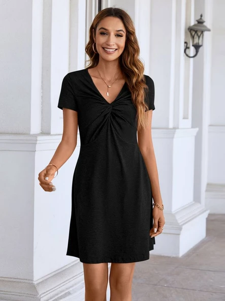 Kadın Kısa Kollu Yaka Detay Viskon Elbise - Resim 2