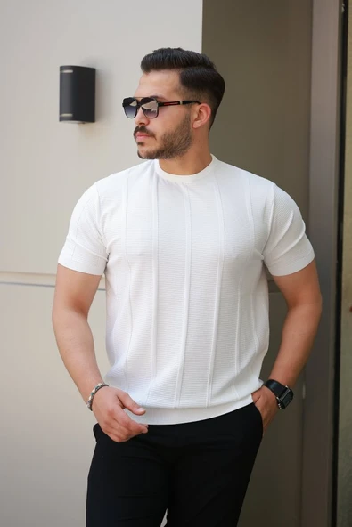 Erkek Desenli çizgi Kabartmalı Kısa Kollu Tişört - Resim 2